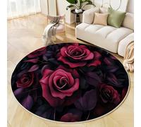 MLSOWM Romantic Rose Round Rugs 120cm Area Rugs Anti Slip Machine Washable Surrealism Carpet Low Pile Rug Non-Shedding for Dining Room, Bedroom, Living Room, Deep Red