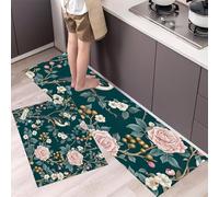 MLSOWM Rose Berries Kitchen Rug Sets, 2 Piece Non Slip Kitchen Mats Vintage Bird And Flower Illustration Runner Set with Rubber Backing Super Absorbable Washable Floor Mats 50x80cm+50x150cmBlue-Green