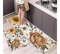 MLSOWM Roses And Daisies Kitchen Rug Sets, 2 Piece Non Slip Kitchen Mats Retro Flowers Runner Set with Rubber Backing Super Absorbable Washable Floor Mats 43x75cm+43x120cm Brown