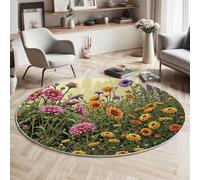 MLSOWM Round Area Rug 100cm Round Rug Low Pile Wildflower Meadow Washable Lush Garden Circle Rugs Non-Slip Carpet for Dining Room, Sofa, Living Room, Children's bedroom, Green