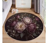 MLSOWM Round Area Rug 120cm Washable Non-Slip Dark Romance Circle Rugs Peonies And Roses Round Rug Short Pile for Bedroom Dining Room Sofa, Tan