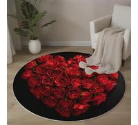 MLSOWM Round Area Rug 160cm Soft Touch Romantic Flowers Carpet Washable Non Slip Heart-Shaped Red Roses Round Rug for Living Room Bedroom Bedside Decor, Red