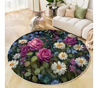 MLSOWM Round Area Rug 160cm Soft Touch Wildflowers Oil Painting Carpet Washable Non Slip Rose Daisy Round Rug for Living Room Bedroom Bedside Decor, Sage Green