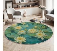 MLSOWM Round Area Rug 180cm Soft Touch Impressionist Oil Paintings Carpet Washable Non Slip Water Lily Pond Round Rug for Living Room Bedroom Bedside Decor, Emerald Green