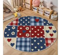MLSOWM Round Area Rug 60cm Round Rug Low Pile Polka Dot And Heart Patchwork Washable Retro Country Circle Rugs Non-Slip Carpet for Dining Room, Sofa, Living Room, Children's bedroom, Dark Blue