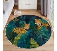 MLSOWM Round Area Rug 90cm Washable Non-Slip Tropical Rainforest Circle Rugs Hand Drawn Tiger Round Rug Short Pile for Bedroom Dining Room Sofa, Blue-Green