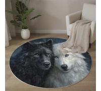 MLSOWM Round Area Rugs, 100cm White Wolf And Black Wolf Couple Floor Rug, Machine Washable Carpet Floor Mat, Non Slip Wild Animals Circle Carpet Rug for Bedroom Living Room Bedside, Black And White