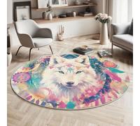 MLSOWM Round Area Rugs 120cm Washable Dreamcatcher White Wolf Circle Rug Mandala Art Non Slip Round Carpet for Living Room Dining Room Bedroom Decorative, Pink