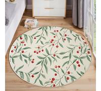 MLSOWM Round Area Rugs 120cm Washable Sakura Leaves Circle Rug Pastoral Style Non Slip Round Carpet for Living Room Dining Room Bedroom Decorative, Green
