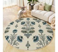 MLSOWM Round Area Rugs 60cm Washable Ancient Indian Poppy Circle Rug Scandinavia Non Slip Round Carpet for Living Room Dining Room Bedroom Decorative, Cream