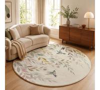 MLSOWM Round Area Rugs, 90cm Willow-Leaf Hummingbird Floor Rug, Machine Washable Carpet Floor Mat, Non Slip Watercolor Weeping Branches Circle Carpet Rug for Bedroom Living Room Bedside, Off-White