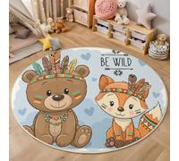 MLSOWM Round Kids Play Rug American Style 60cm Soft & Non-Slip Ethnic Style Bear And Fox Crawling Play Mat Machine Washable Area Rug for Children'S Rooms Living Rooms Studies Playrooms Decor