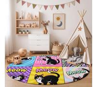 MLSOWM Round Kids Play Rug Pop Art Style 120cm Soft & Non-Slip Comic Cat Crawling Play Mat Machine Washable Area Rug for Children'S Rooms Living Rooms Studies Playrooms Decor