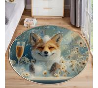 MLSOWM Round Rug 180cm, Warm And Cozy Style Circle Carpet Rug Non-slip Fox Bathing Round Area Rug Washable Bedside Carpet Floor Mat for Living Room Bedroom Hallway Kitchen, Light Blue