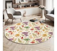 MLSOWM Round Rug 60cm, Machine Washable Rugs Autumn Forest Non Slip Floor Circle Carpet, Low Pile & Non-Shedding Mushrooms And Ferns Area Rugs for Bedroom Dining Nursery Dorm, Cream