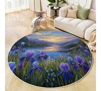 MLSOWM Round Rug 90cm, Machine Washable Rugs Sunset Over The Mountains Non Slip Floor Circle Carpet, Low Pile & Non-Shedding Iris Flower Field Area Rugs for Bedroom Dining Nursery Dorm, Dark Blue