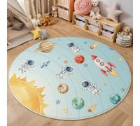 MLSOWM Round Rug for Living Room 160cm, Washable & Non-Slip Cartoon Solar System Low Pile Circle Carpet, Soft Astronaut Rocket Planet Circle Rugs for Bedroom, Nursery, Study Sky Blue