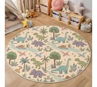 MLSOWM Round Rug for Living Room, 90cm Forest Dinosaurs Circle Rugs, Non-Slip Area Rug Cartoon Retro Style Low-Pile Non-Shedding Carpet for Children's Rooms, Playrooms, Nurseries Decor, Pink