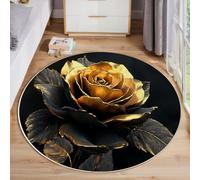 MLSOWM Round Rugs, 160cm Three-Dimensional Metal Sculpture Fluffy Low Pile Area Rugs, Non-Slip Golden Rose Plush Carpet Non Shedding Easy to Clean for Dining Room Office Home Decor, Black Gold