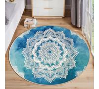 MLSOWM Round Rugs, 90cm Bohemian Style Fluffy Low Pile Area Rugs, Non-Slip Lace Mandala Plush Carpet Non Shedding Easy to Clean for Dining Room Office Home Decor, Blue