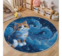 MLSOWM Round Rugs for Living Room 100cm, The Cat Looks Up At The Sky Soft Low Pile Carpet, Non Slip Washable Magical Starry Sky Area Rugs for Bedroom Dorm, Beside Bed or Sofa, Dark Blue