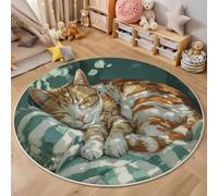 MLSOWM Round Rugs for Living Room 160cm, Orange Cat Resting Soft Low Pile Carpet, Non Slip Washable Retro Style Area Rugs for Bedroom Dorm, Beside Bed or Sofa, Blue-Green