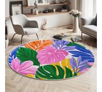 MLSOWM Round Rugs Living Room 100cm, Tropical Theme Area Rugs Machine Washable Non-Slip Carpet Low Pile Non-Shedding Abstract Monstera Leaf Design Carpet for Dining Room, Bedroom, Sofa, Multicolor