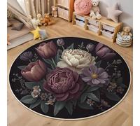 MLSOWM Round Rugs Living Room Peony Tulip Area Rugs for Bedroom 60cm Anti Slip Super Soft Vintage Bouquet Short Pile Mat Circle Carpet Non Shedding Easy to Clean, Black
