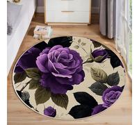 MLSOWM Round Rugs Living Room Rose Flower Area Rugs for Bedroom 120cm Anti Slip Super Soft Retro Style Short Pile Mat Circle Carpet Non Shedding Easy to Clean, Purple
