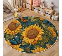 MLSOWM Round Rugs Living Room Sunflower Butterfly Area Rugs for Bedroom 180cm Anti Slip Super Soft Retro Flower Field Short Pile Mat Circle Carpet Non Shedding Easy to Clean, Yellow