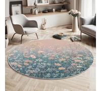MLSOWM Round Washable Rug 120cm - Soft Dreamy Style Area Carpet with Non-Slip Backing, Machine Washable Watercolor Flower Field Floor Mat for Bedroom, Living Room & Nursery, Coral