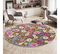 MLSOWM Round Washable Rug 180cm - Soft Lush Flower Sea Area Carpet with Non-Slip Backing, Machine Washable Wildflower Field Floor Mat for Bedroom, Living Room & Nursery, Yellow-Green