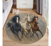 MLSOWM Round Washable Rug 180cm - Soft Plaster Relief Area Carpet with Non-Slip Backing, Machine Washable Horses Running On The Grassland Floor Mat for Bedroom, Living Room & Nursery, Grey
