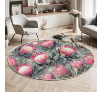 MLSOWM Short Pile Rugs Living Room, King Protea Green Leaves Super Soft Round Rug Realistic Flowers Area Carpet Machine Washable Anti Slip Bedside Rug for Bedroom, Living Room, 180cm - Gray-Green