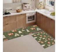MLSOWM Simple Forest Animals Kitchen Mats for Floor Set of 2, Non Slip Washable Sink Mat Fox Trees Kitchen Runner Rug, Easy to Clean and Maintain Comfort Standing Mat - 43x75cm+43x120cm, Olive Green