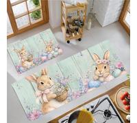 MLSOWM Spring Theme Kitchen Rug Set of 2, 43x75cm+43x120cm Non Slip Kitchen Runner Rugs Rabbit Easter Egg Washable Office Standing Floor Mat for Laundry, Hallway, Entryway, Light Blue