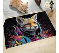 MLSOWM Street Art Style Door Mat 90 x 150 cm Entryway Rug Machine Washable Non Slip Anthropomorphic Fox Doormat Soft Small Rug Low-Pile Thin Carpet for Kitchen Bedroom Bathroom, Black