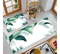 MLSOWM Surrealism Kitchen Rug Set 2 Piece Non Slip Washable Tropical Leaves Kitchen Mat Anti Fatigue Standing Area Rugs for Hallway, Dining Room and Entrance, 43x75cm+43x150cm, Green