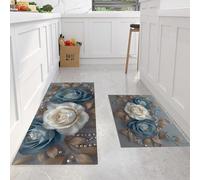 MLSOWM Surrealism Kitchen Rugs Runner Set of 2 Anti Fatigue 3D Rose Kitchen Floor Mat Waterproof Non Slip Kitchen Rug Set Comfort Standing Mats, Duck Egg Color, 40x60cm+40x120cm