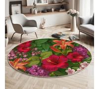 MLSOWM Tropical Flowers Area Rugs 160cm Round Rugs Non-Slip Washable Lily Lilac Flowers Floor Carpet Short Pile Circle Rug for Bedside Bedroom Living Room Kids Room Decor, Green