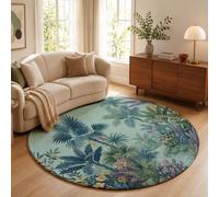 MLSOWM Tropical Jungle Scenery Area Rug - 100cm Round Rug Machine Washable Palm And Banana Stream Floor Carpet Short Pile Soft Circle Rug for Living Room Bedroom Kids Room Decor, Blue