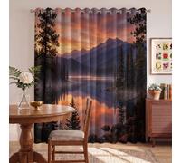 MLSOWM Twilight Over The Mountains And Lakes Blackout Curtains for Bedroom, 2 Panel, Thermal Insulated Window Curtain 90 Inch Pine Forest Lake Eyelet Curtain for Living Room, 66"x90", Orange Powder