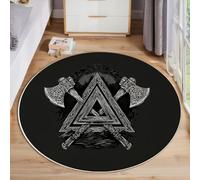MLSOWM Viking Axe Round Rug 90cm Short Pile Area Rug with Non-Slip Backing Viking Mythology Super Soft Circle Rugs Washable Floor Mat for Entryway Living Room Bedroom, Black