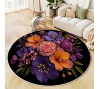 MLSOWM Vintage Rose Round Rugs 160cm Area Rugs Anti Slip Machine Washable Wildflower Bouquet Carpet Low Pile Rug Non-Shedding for Dining Room, Bedroom, Living Room, Black