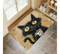 MLSOWM Washable Door Mats Indoor - 80 x 120 cm Non-Slip Rubber Backing Mischievous Black Cat Doormats - Super Absorbent Entrance Rug Vintage Distressed Floor Mats for Entryway Bathroom Kitchen, Tan