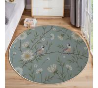 MLSOWM Washable Round Area Rug 90cm, Fresh And Elegant Soft Fluffy Circle Carpet Short Pile Non Slip Chinese-Style Flowers And Birds Floor Round Rugs for Living Room Bedroom Lounge, Duck Egg Color