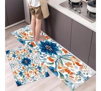 MLSOWM Watercolor Flowers Kitchen Rugs Sets of 2 Non Slip Washable Geometric Tiles Kitchen Rugs and Mats Runner Rug Floor Carpet for Laundry, Hallways, Floor 50x80cm+50x150cm Blue
