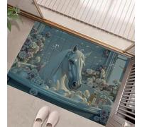 MLSOWM White Horse Bathing Door Mat Washable Blue-Green Welcome Mats 60 x 120 cm Low Pile Non Slip Doormats Surreal Style Small Carpet for Entrance Bedroom Dining Room Bedside