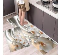 MLSOWM White Orchid Kitchen Rugs Sets of 2 Non Slip Washable Elegant Ribbon Kitchen Rugs and Mats Runner Rug Floor Carpet for Laundry, Hallways, Floor 50x80cm+50x150cm Beige