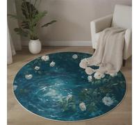 MLSOWM White Roses Round Rug 160cm Short Pile Area Rug with Non-Slip Backing Flower Reflections On The Lake Super Soft Circle Rugs Washable Floor Mat for Entryway Living Room Bedroom, Dark Green